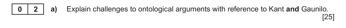 June 2022 AS Component 2, question 2(a): Explain challenges to ontological arguments with reference to Kant and Gaunilo. 