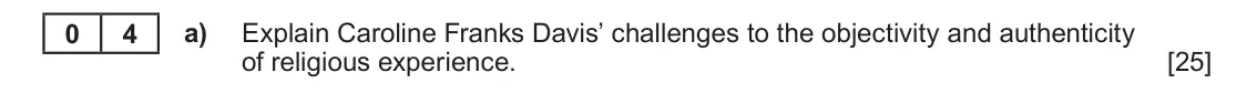 June 2022 AS Component 2, question 4(a): Explain Caroline Franks Davis’ challenges to the objectivity and authenticity of religious experience.