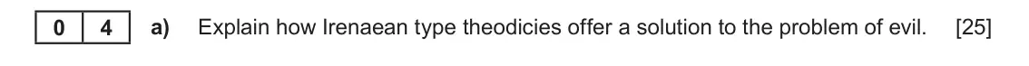 June 2023 AS Component 2, question 4(a): Explain how Irenaean type theodicies offer a solution to the problem of evil.