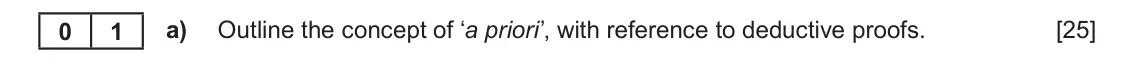 June 2025 AS Component 2, question 1(a): Outline the concept of ‘a priori’, with reference to deductive proofs. 