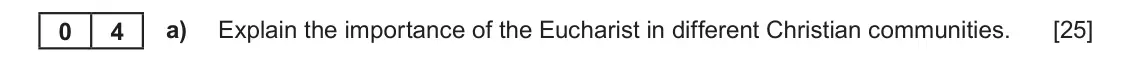 June 2022 AS Component 1A, question 4(a): Explain the importance of the Eucharist in different Christian communities.