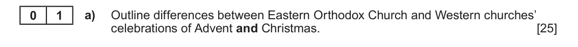 June 2023 AS Component 1A, question 1(a): Outline differences between Eastern Orthodox Church and Western churches’ celebrations of Advent and Christmas.