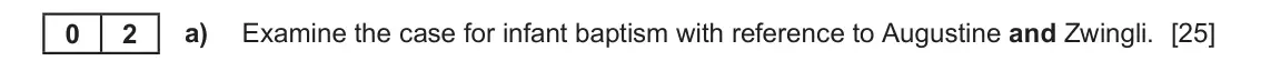 June 2023 AS Component 1A, question 2(a): Examine the case for infant baptism with reference to Augustine and Zwingli.