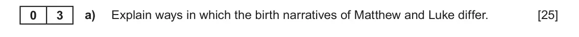 June 2023 AS Component 1A, question 3(a): Explain ways in which the birth narratives of Matthew and Luke differ.