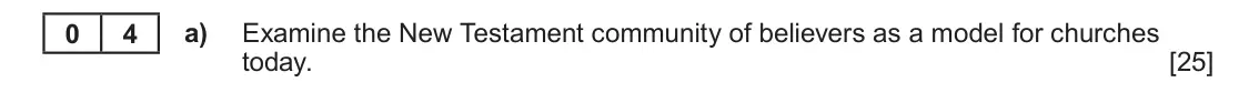 June 2023 AS Component 1A, question 4(a): Examine the New Testament community of believers as a model for churches today.
