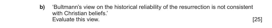June 2025 AS Component 1A, question 3(b): ‘Bultmann’s view on the historical reliability of the resurrection is not consistent with Christian beliefs.’ Evaluate this view.