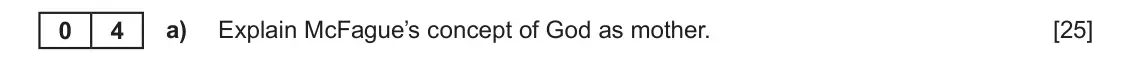 June 2025 AS Component 1A, question 4(a): Explain McFague’s concept of God as mother.