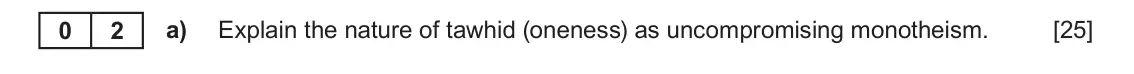 June 2022 AS Component 1B, question 2(a): Explain the nature of tawhid (oneness) as uncompromising monotheism.