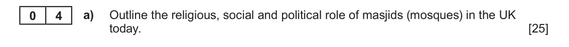 June 2022 AS Component 1B, question 4(a): Outline the religious, social and political role of masjids (mosques) in the UK today.