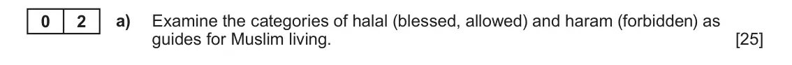 June 2023 AS Component 1B, question 2(a): Examine the categories of halal (blessed, allowed) and haram (forbidden) as guides for Muslim living.