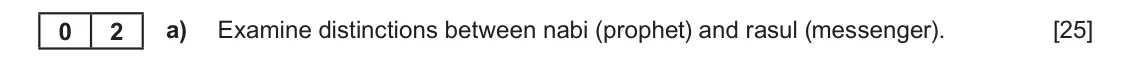 June 2025 AS Component 1B, question 2(a): Examine distinctions between nabi (prophet) and rasul (messenger).