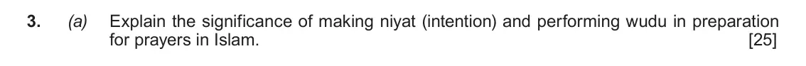 Autumn 2020 AS Component 1B, question 3(a): Explain the significance of making niyat (intention) and performing wudu in preparation for prayers in Islam.