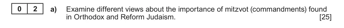 June 2024 AS Component 1C, question 2(a): Examine different views about the importance of mitzvot (commandments) found in Orthodox and Reform Judaism.