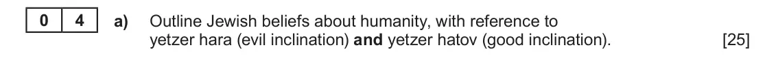 June 2024 AS Component 1C, question 4(a): Outline Jewish beliefs about humanity, with reference to yetzer hara (evil inclination) and yetzer hatov (good inclination).