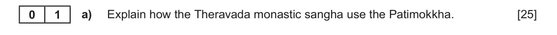 June 2023 AS Component 1D, question 1(a): Explain how the Theravada monastic sangha use the Patimokkha.