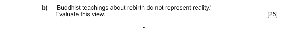 June 2025 AS Component 1D, question 2(b): ‘Buddhist teachings about rebirth do not represent reality.’ Evaluate this view. 3