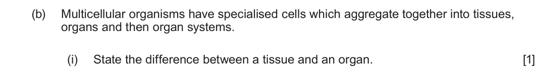 June 2024 AS Component 1, question 2(b)(i): State the difference between a tissue and an organ. [1]