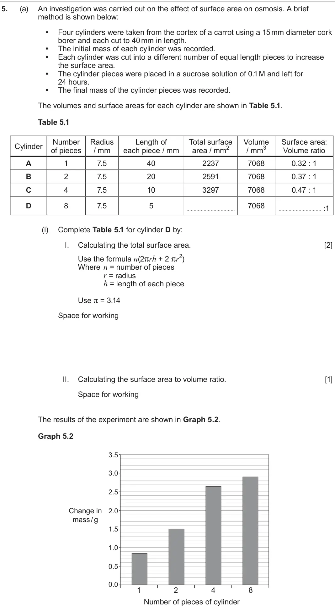 June 2024 AS Component 1, question 5(a)(i): Complete Table 5.1 for cylinder D by: I. Calculating the total surface area. [2] Use the formula n(2πrh + 2 πr2) Where n = number of pieces r = radius h = lengt