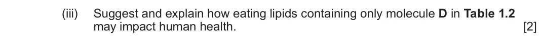 June 2025 AS Component 1, question 1(b)(iii): Suggest and explain how eating lipids containing only molecule D in Table 1.2 may impact human health. [2]