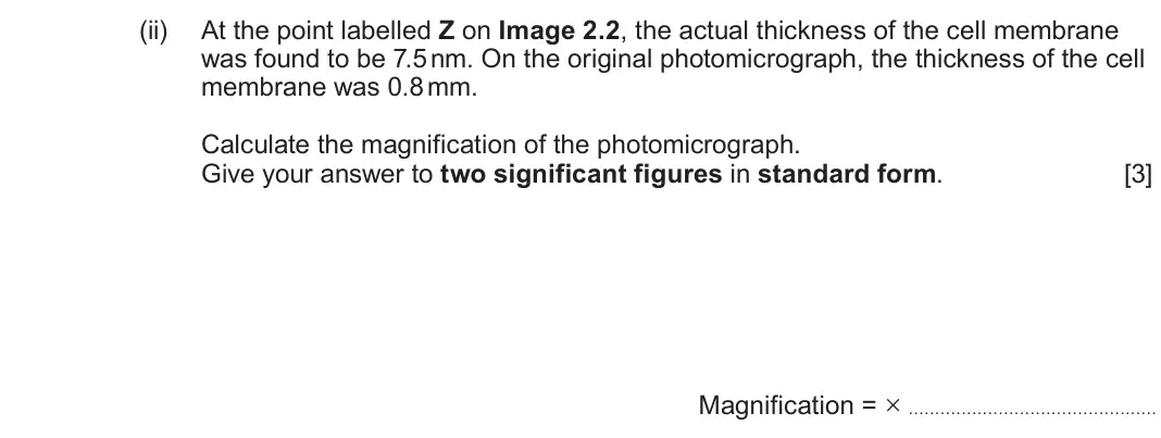 June 2025 AS Component 1, question 2(b)(ii): At the point labelled Z on Image 2.2, the actual thickness of the cell membrane was found to be 7.5 nm. On the original photomicrograph, the thickness of the ce
