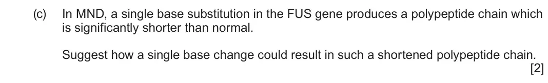 June 2025 AS Component 1, question 5(c): In MND, a single base substitution in the FUS gene produces a polypeptide chain which is significantly shorter than normal. Suggest how a single base change cou