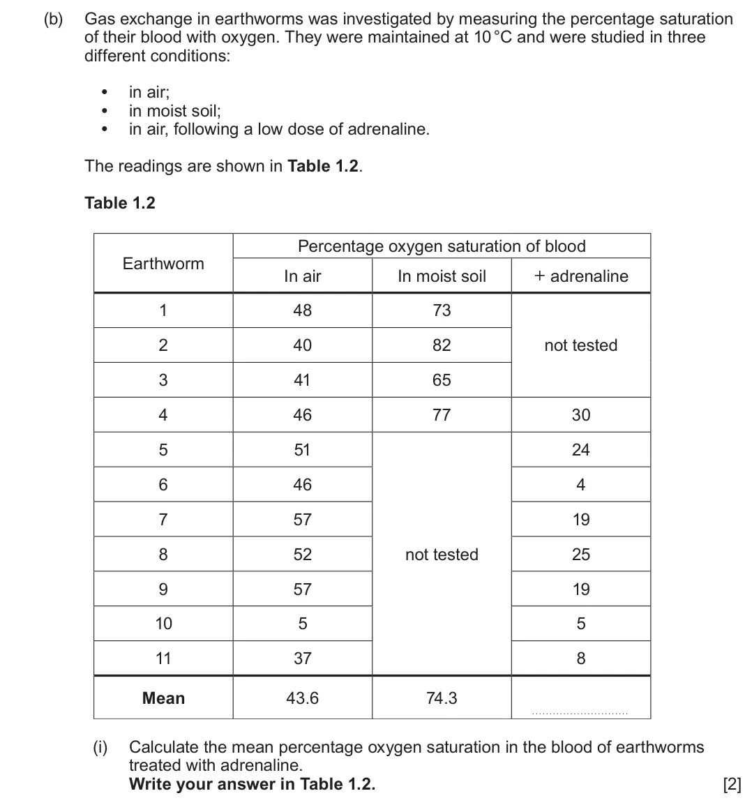 June 2025 AS Component 2, question 1(b)(i): Calculate the mean percentage oxygen saturation in the blood of earthworms treated with adrenaline. Write your answer in Table 1.2.  [2]