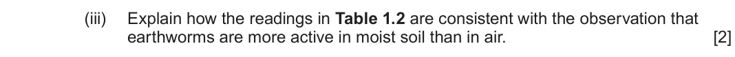 June 2025 AS Component 2, question 1(b)(iii): Explain how the readings in Table 1.2 are consistent with the observation that earthworms are more active in moist soil than in air.  [2]