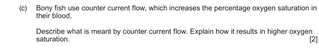 June 2025 AS Component 2, question 1(c): Bony fish use counter current flow, which increases the percentage oxygen saturation in their blood. Describe what is meant by counter current flow. Explain how
