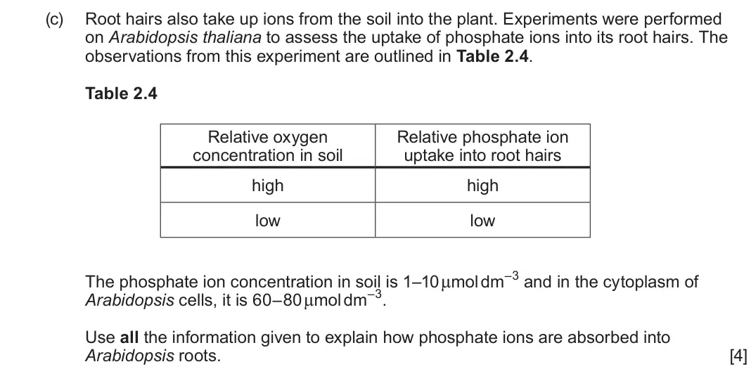 June 2025 AS Component 2, question 2(c): Root hairs also take up ions from the soil into the plant. Experiments were performed on Arabidopsis thaliana to assess the uptake of phosphate ions into its ro