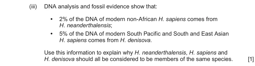 June 2025 AS Component 2, question 3(c)(iii): DNA analysis and fossil evidence show that: • 2% of the DNA of modern non-African H. sapiens comes from H. neanderthalensis; • 5% of the DNA of modern South Pac