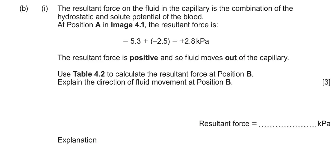 June 2025 AS Component 2, question 4(b)(i): The resultant force on the fluid in the capillary is the combination of the hydrostatic and solute potential of the blood. At Position A in Image 4.1, the resul