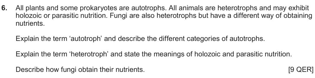 June 2025 AS Component 2, question 6: All plants and some prokaryotes are autotrophs. All animals are heterotrophs and may exhibit holozoic or parasitic nutrition. Fungi are also heterotrophs but ha