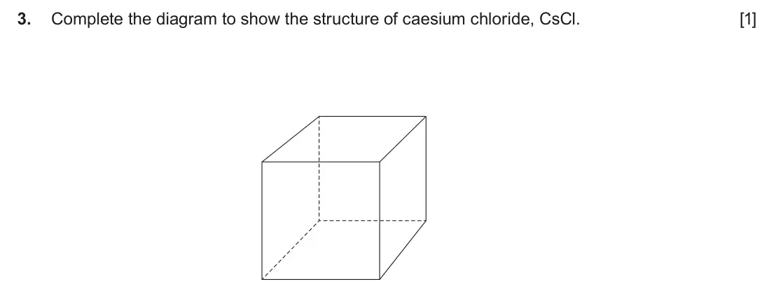 June 2018 AS Component 1, question 3: Complete the diagram to show the structure of caesium chloride, CsCl. [1]