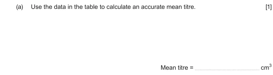 June 2025 AS Component 1, question 11(a): Use the data in the table to calculate an accurate mean titre. [1] Mean titre = cm3