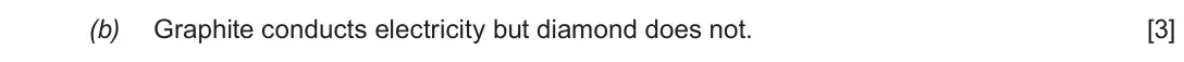 Autumn 2020 AS Component 1, question 11(b): Graphite conducts electricity but diamond does not. [3]
