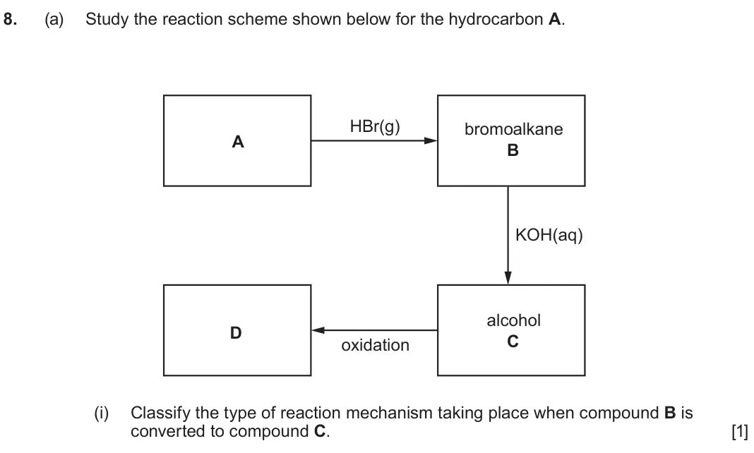 June 2024 AS Component 2, question 8(a)(i): Classify the type of reaction mechanism taking place when compound B is converted to compound C. [1]