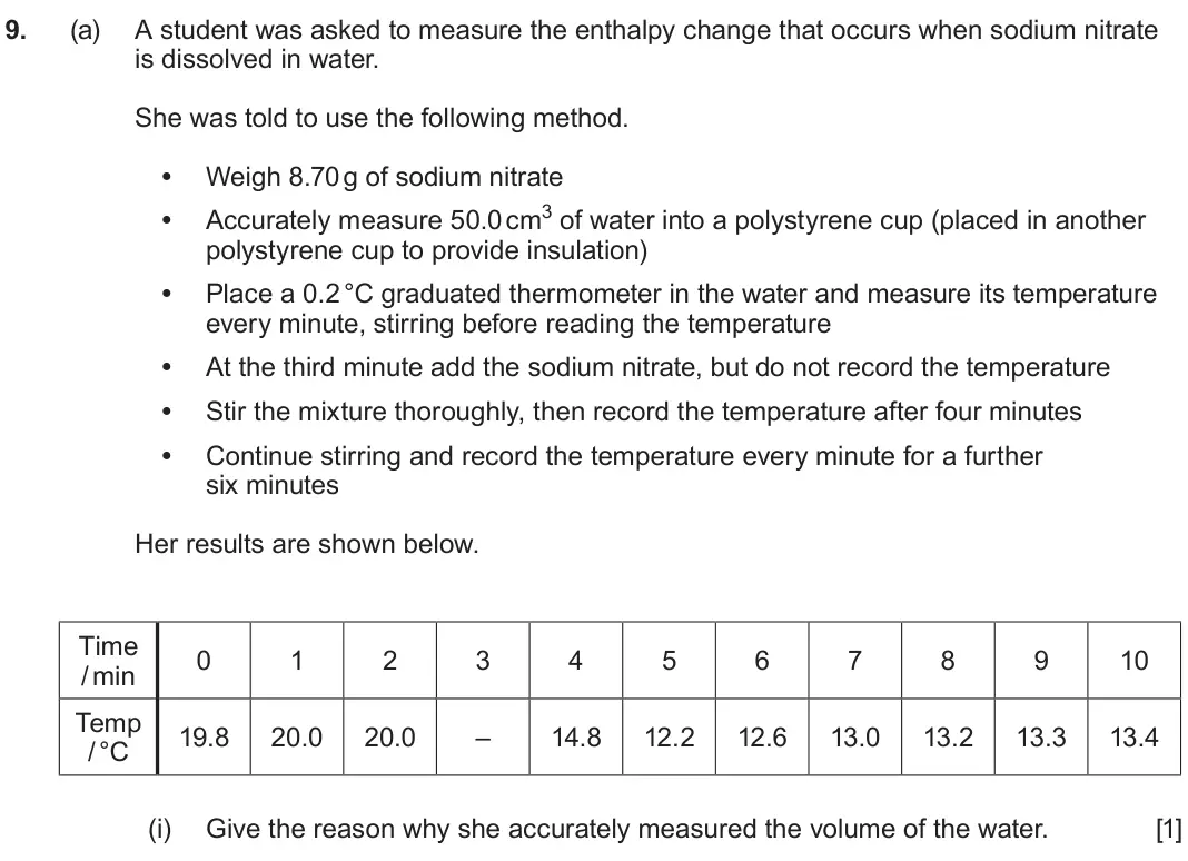 June 2025 AS Component 2, question 9(a)(i): Give the reason why she accurately measured the volume of the water. [1]