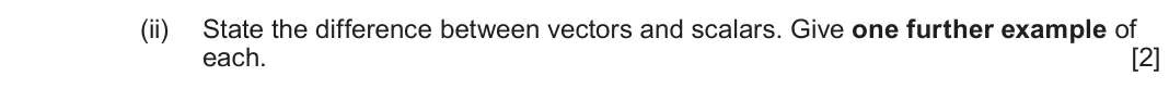 June 2024 AS Component 1, question 1(a)(ii): State the difference between vectors and scalars. Give one further example of each. [2]