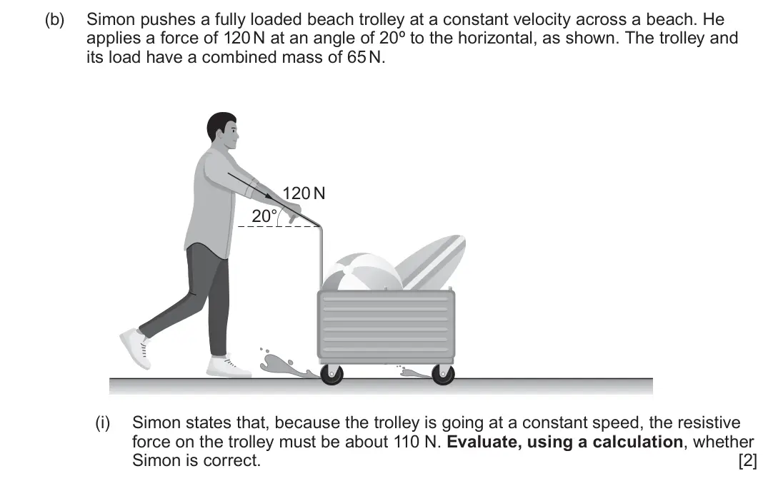 June 2025 AS Component 1, question 1(b)(i): Simon states that, because the trolley is going at a constant speed, the resistive force on the trolley must be about 110 N. Evaluate, using a calculation, whet