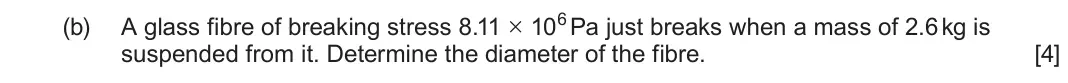 June 2025 AS Component 1, question 4(b): A glass fibre of breaking stress 8.11 × 106 Pa just breaks when a mass of 2.6 kg is suspended from it. Determine the diameter of the fibre. [4]