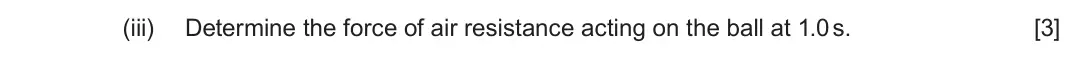 June 2025 AS Component 1, question 5(b)(iii): Determine the force of air resistance acting on the ball at 1.0 s. [3]