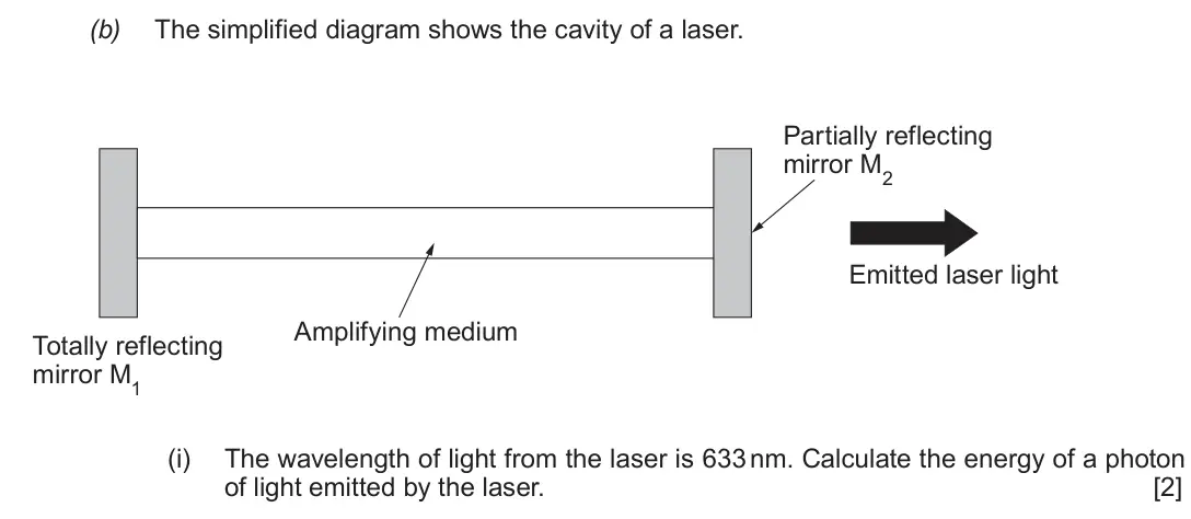 June 2018 AS Component 2, question 5(b)(i): The wavelength of light from the laser is 633 nm. Calculate the energy of a photon of light emitted by the laser. [2]