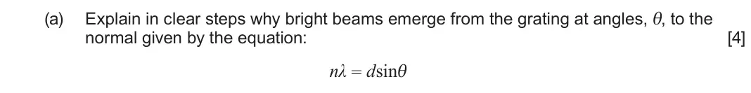 June 2024 AS Component 2, question 2(a): Explain in clear steps why bright beams emerge from the grating at angles, θ, to the normal given by the equation: [4] nλ = dsinθ