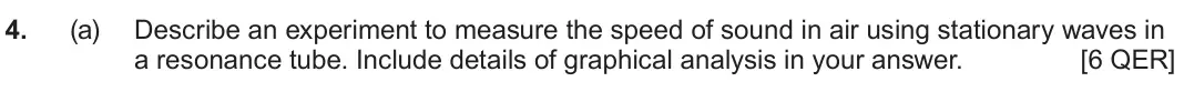 June 2024 AS Component 2, question 4(a): Describe an experiment to measure the speed of sound in air using stationary waves in a resonance tube. Include details of graphical analysis in your answer. [6
