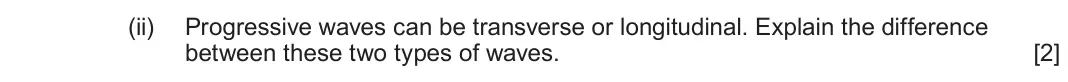 June 2025 AS Component 2, question 1(a)(ii): Progressive waves can be transverse or longitudinal. Explain the difference between these two types of waves. [2]