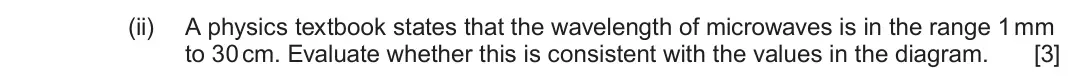 June 2025 AS Component 2, question 2(b)(ii): A physics textbook states that the wavelength of microwaves is in the range 1 mm to 30 cm. Evaluate whether this is consistent with the values in the diagram. [