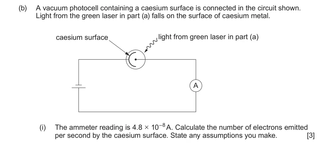 June 2025 AS Component 2, question 7(b)(i): The ammeter reading is 4.8 × 10–8 A. Calculate the number of electrons emitted per second by the caesium surface. State any assumptions you make. [3]