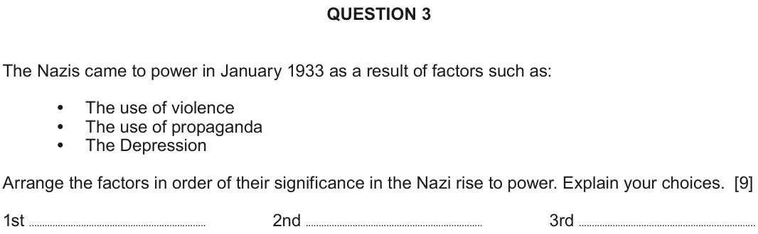 June 2018 Component 2B, question 3: The Nazis came to power in January 1933 as a result of factors such as: The use of violence The use of propaganda The Depression Arrange the factors in order of
