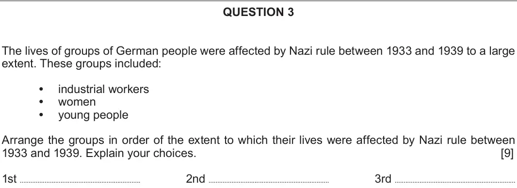 June 2019 Component 2B, question 3: The lives of groups of German people were affected by Nazi rule between 1933 and 1939 to a large extent. These groups included: industrial workers women young p
