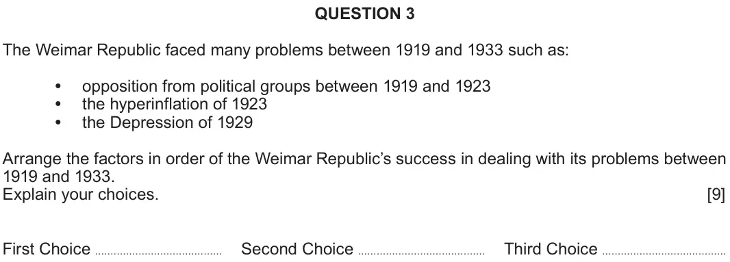 June 2022 Component 2B, question 3: The Weimar Republic faced many problems between 1919 and 1933 such as: opposition from political groups between 1919 and 1923 the hyperinflation of 1923 the Dep